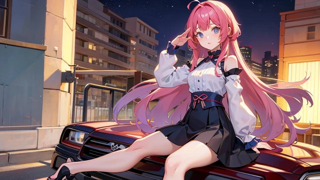 make anime girl in night, , she is siting on the car
