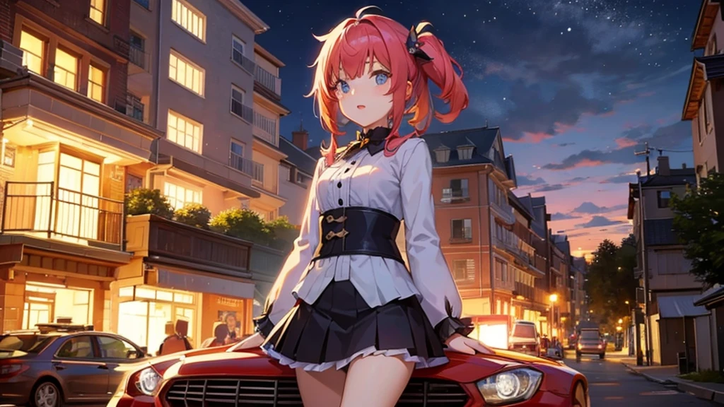 make anime girl in night, , she is siting on the car