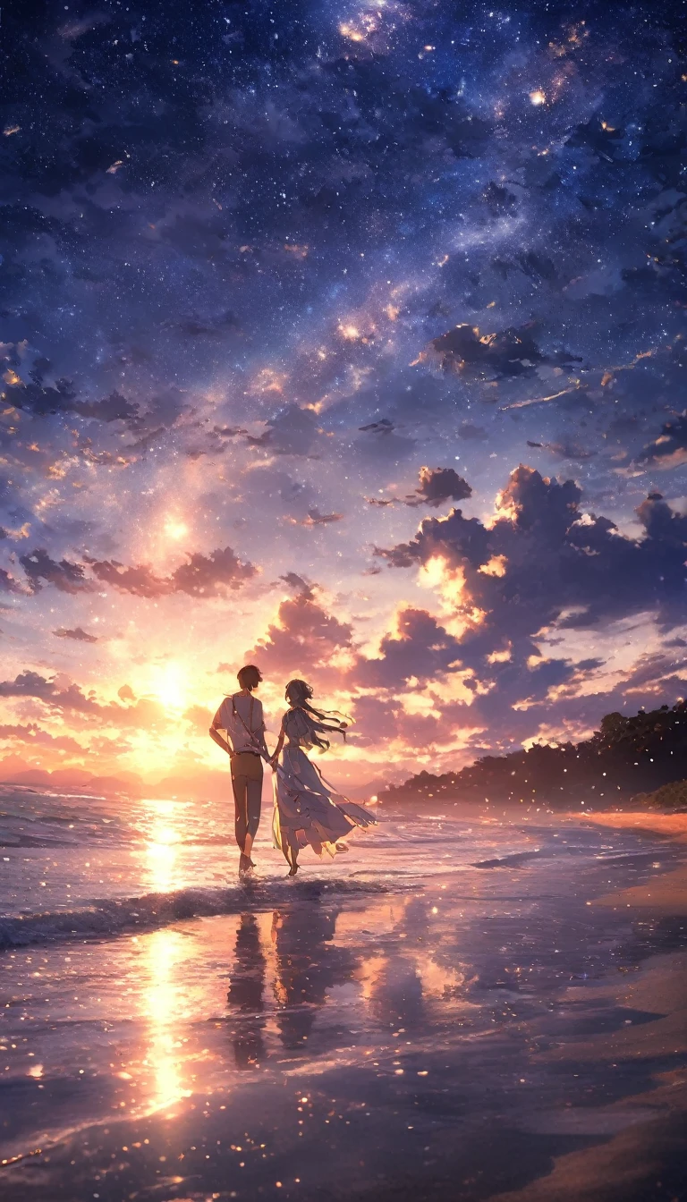"Please generate a video with a realistic photo-style background and anime-style characters.
The scene is set on a beach at night under a starry sky, where a man and a woman are dancing.
The night is filled with hope and the moonlight illuminates the scene. The waves gently lap at the shore,
creating a serene and magical atmosphere."
Masterpiece, 8K, tabletop, RAW photo, amazing, best quality, photo-real and highly detailed CG integrated 8K wallpaper, high quality
Highly detailed, narrative poetry, particle effects, dynamic effects, character border depth, cinematic light, lens flare, ray tracing, tabletop, real
, ultra-high resolution, fantasy,
Quiet and beautiful grassland, vast land, lakeside, amazing scenery, beautiful natural scenery, night sky,