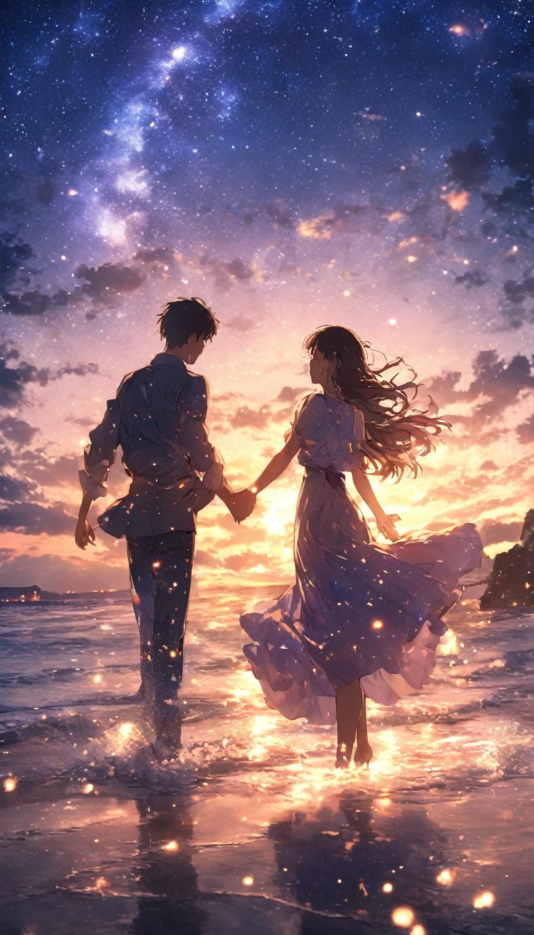 "Please generate a video with a realistic photo-style background and anime-style characters.
The scene is set on a beach at night under a starry sky, where a man and a woman are dancing.
The night is filled with hope and the moonlight illuminates the scene. The waves gently lap at the shore,
creating a serene and magical atmosphere."
Masterpiece, 8K, tabletop, RAW photo, amazing, best quality, photo-real and highly detailed CG integrated 8K wallpaper, high quality
Highly detailed, narrative poetry, particle effects, dynamic effects, character border depth, cinematic light, lens flare, ray tracing, tabletop, real
, ultra-high resolution, fantasy,
Quiet and beautiful grassland, vast land, lakeside, amazing scenery, beautiful natural scenery, night sky,