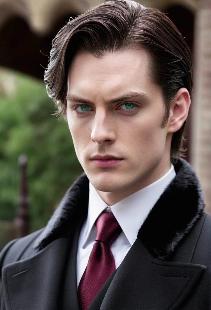 1 anime man, chilly, neutral, strict, indifferent expression, smooth black fur, hair to the shoulders, strict, Light bluish green eyes, nobleman, extremely pale skin, wears a black overcoat underneath a black suit, and burgundy tie, age 25, Adult Face, sharp focus, mellow, standing alone, masculine, Blurry close-up, cinematic lighting. sexiness, sexly. Aristocratic. Europeu. Front hair slightly longer than the rest