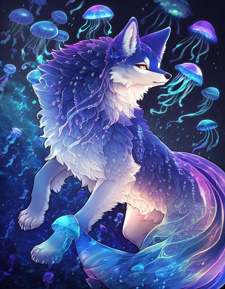 anime digital liquid art style, A joyful (((goddess kemono jellyfish wolf))) with a translucent, opulently jelly form, hourglass body, surrounded by (((droplets of sapphire hues))) that reflect her otherworldly beauty, representing a fantastical blending of the natural world and the fantastic, full body view