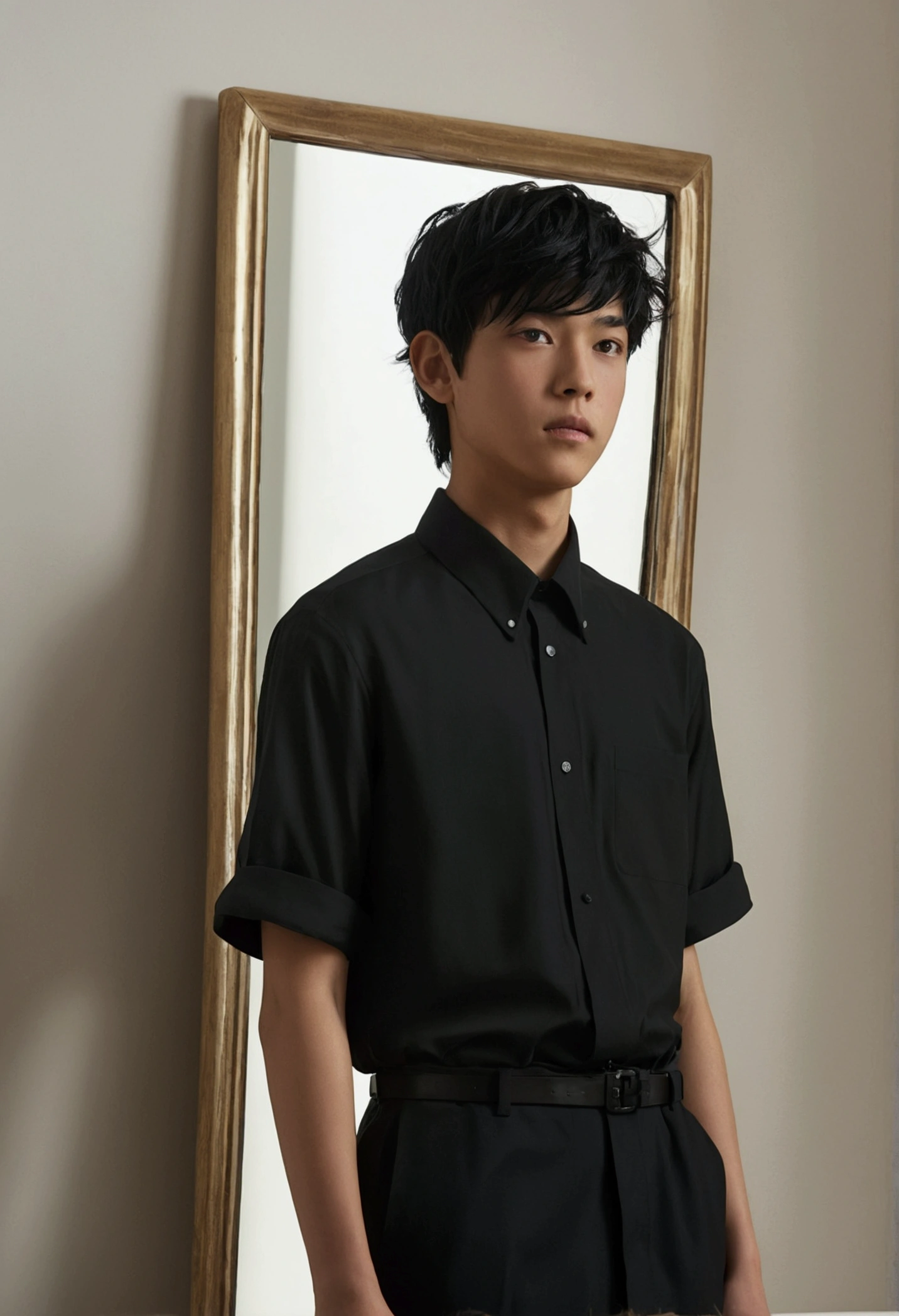 Here is the updated prompt incorporating reflections in 
"black hair, Surrealism, 8k, super detail, UHD, masterpiece, accurate, anatomically correct, textured skin, super detail, high details, high quality, award winning, best quality, highres, delicate, androgynous, cynical worldview, minimal skin exposure, reflections, contrast

A boy standing in a nighttime setting. He exudes a quiet and alluring aura, with a look of boredom and weariness in his eyes. His expression is languid and detached, giving off an air of disinterest in everything around him. He is wearing a black dress shirt. The environment reflects a cynical worldview with reflections that distort reality, and the overall composition emphasizes the contrast between light and shadow, order and chaos, and beauty and decay."コンセプトアート、フラクタルアート