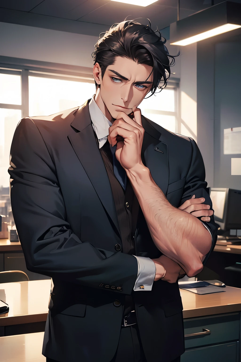 (Best Quality,4k,8k,high resolution,Masterpiece:1.2),ultra detailed,(realist,photorealist,photo-realist:1.37),1 man,31 years,mature man,very handsome,without expresion,muscled body,short gray black hair,Blue eyes,glare,perfect face without mistakes,imposing posture,businessman,office background,cinematic lighting,imagen HDR