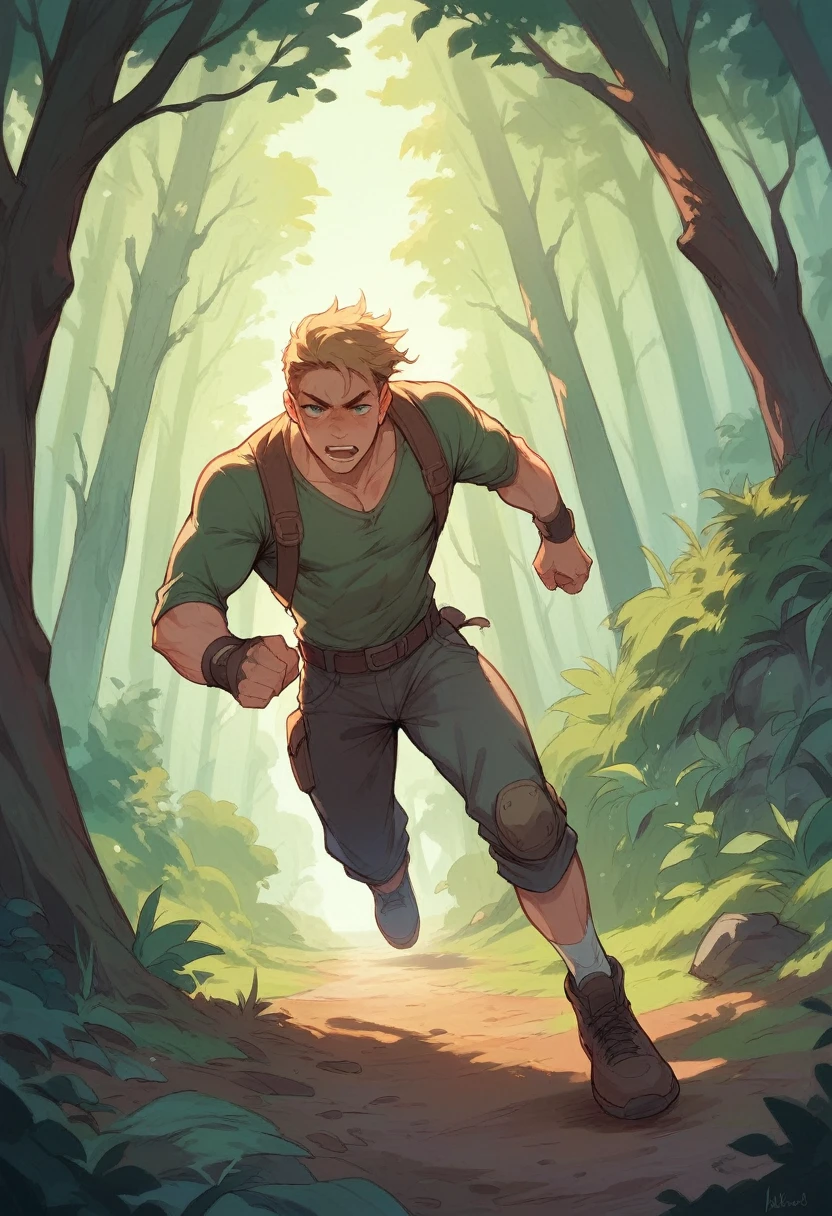 A hunter running desperately through the forest.