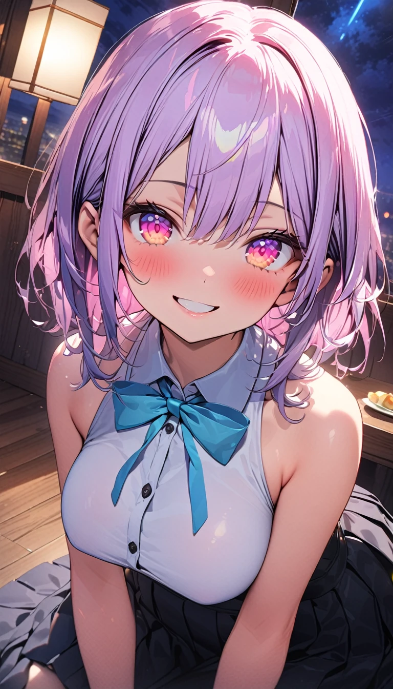 (Best quality, 8k, 32k, Masterpiece, UHD,:1.2),RAW, 1girl ,ultra cute , natural lighting,transparent shining eyes, 20yo,medium breast ,fair complexion ,flushed face,dynamic Lighting, Beautiful and detailed sky, Detailed face, night, sitting, Dating, (blush), (Smile: 1.1), (Residence), Large Breasts, Beautiful and delicate eyes, Untie the vanadium, (Collared shirt: 1.1), bow tie, Pleated Skirt, (short hair: 1.2), flowing hair, Long eyelashes, Eyeshadow, Small face, big eyes, full-body shot, Bare shoulders, indoor, floor