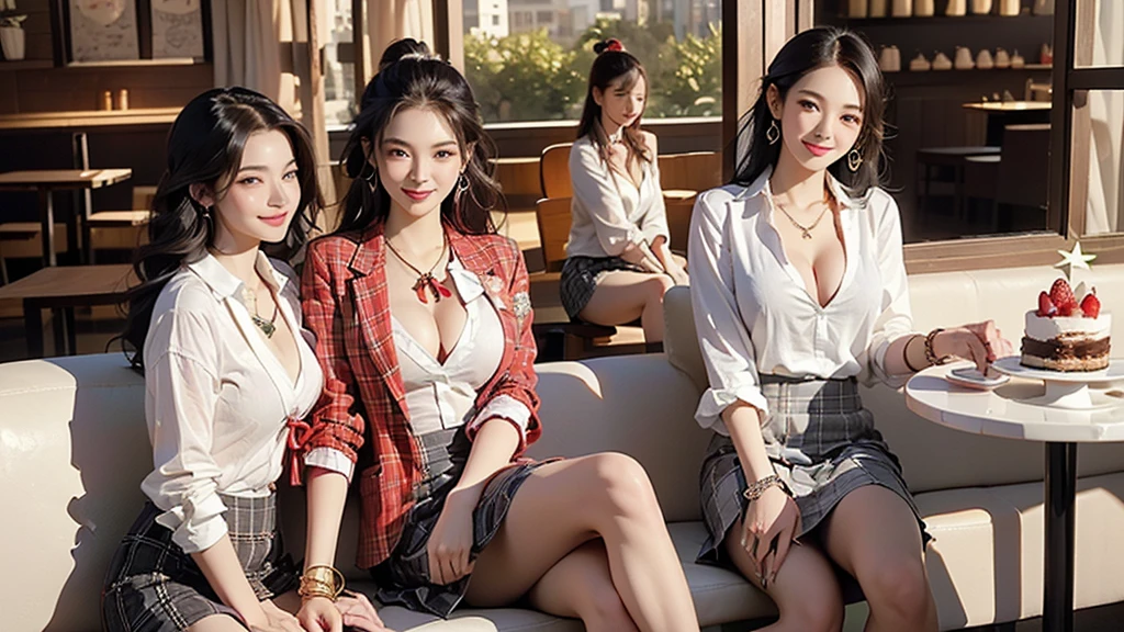 8k、RAW Photos、Highest quality、Super detailed、Super Resolution、Ultra HD、8k wallpaper、Amazing details
((Woman in blazer uniform ((White blouse with formal collar, Red blazer, White plaid skirt, Red checkered ribbon on blouse)), Complete limbs, Full Finger))
(((((Inside the Starbucks store)))))、(( old female student))、(((((Eat cake、Drink coffee、smile)))))、(((Heart Necklace、Gold bracelet)))
(((Emphasize cleavage)))
(((smile)))
(((((((((Three Women)))))))))
(((((Woman sitting at the window seat)))))
((((Full body photo、The whole body is visible、Full body portrait))))