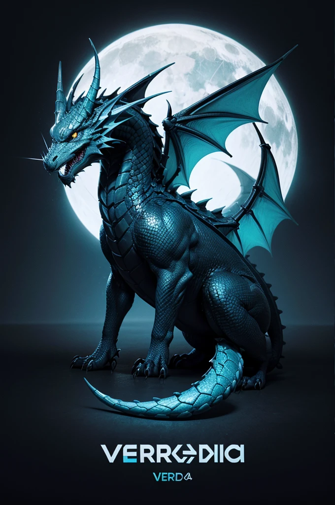 generate a minimalist logo, with a dragon in the middle, with the word "verudora", and with colors like black, cyan blue, light and dark gray