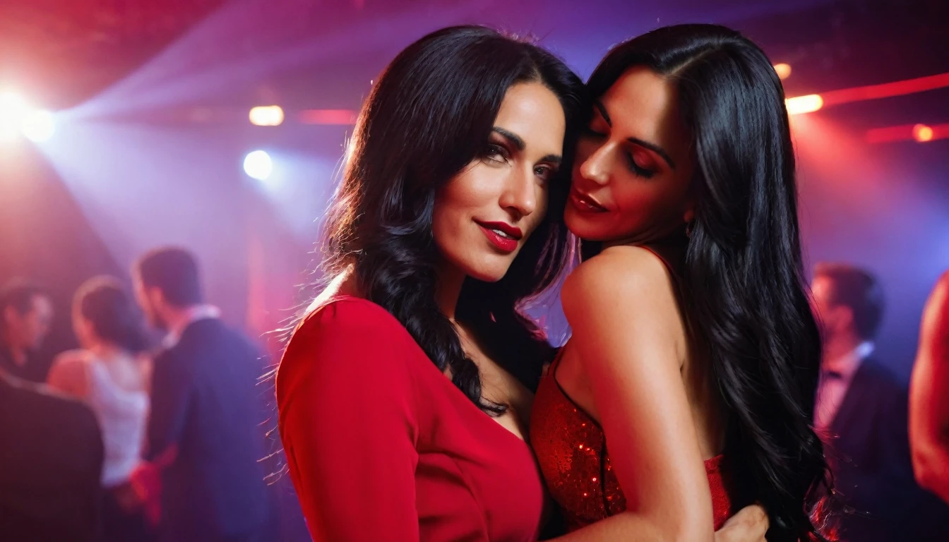 a woman with black hair, 30 years old, Latina, Caucasian, long hair, sensual body and wearing a red dress in a nightclub environment hugging a charming man