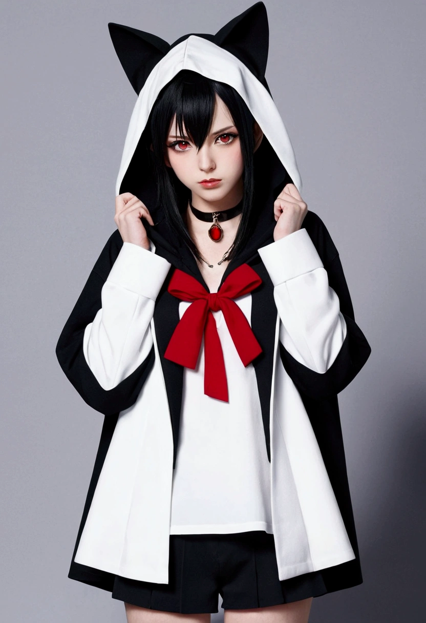 Anime girl: Black hair loose except for four portions that she has tied at the base. Outfit consists of a loose white top with a red brooch and black short, also wears a short black coat with a cat-eared hood, a black choker