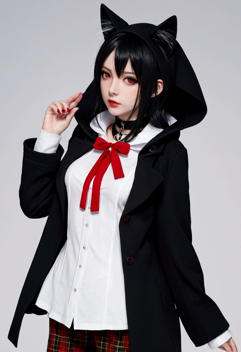 Anime girl: Black hair loose except for four portions that she has tied at the base. Outfit consists of a loose white top with a red brooch and black short, also wears a short black coat with a cat-eared hood, a black choker