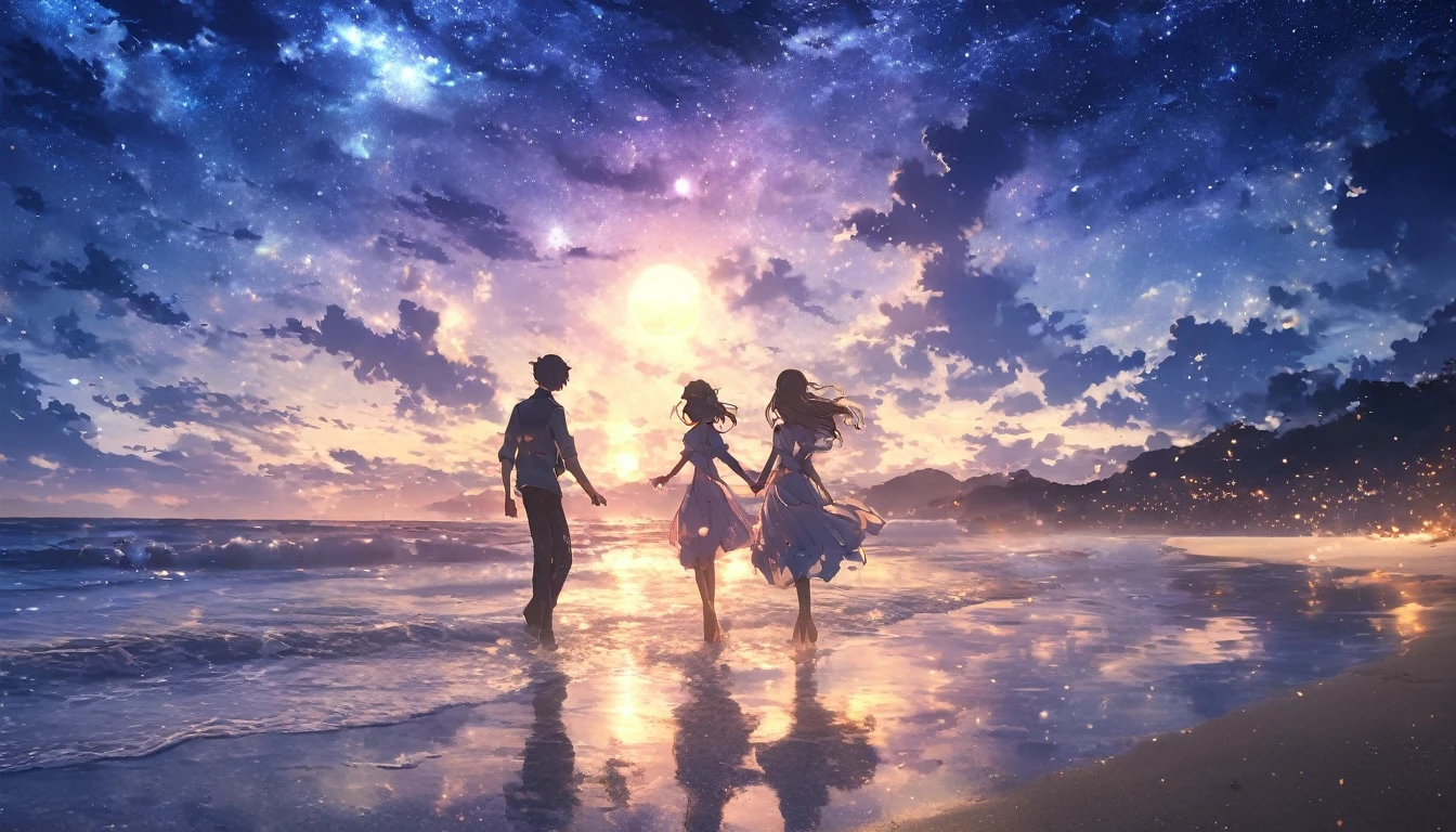 "Please generate a video with a realistic photo-style background and anime-style characters.
The scene is set on a beach at night under a starry sky, where a man and a woman are dancing.
The night is filled with hope and the moonlight illuminates the scene. The waves gently lap at the shore,
creating a serene and magical atmosphere."
Masterpiece, 8K, tabletop, RAW photo, amazing, best quality, photo-real and highly detailed CG integrated 8K wallpaper, high quality
Highly detailed, narrative poetry, particle effects, dynamic effects, character border depth, cinematic light, lens flare, ray tracing, tabletop, real
, ultra-high resolution, fantasy,
Quiet and beautiful grassland, vast land, lakeside, amazing scenery, beautiful natural scenery, night sky,