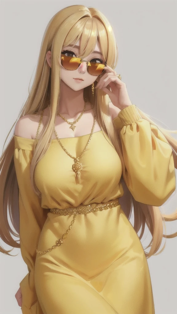 a pretty girl with glasses and blonde hair wearing gold accessories and a gold dress, 1girl, solo, long hair, tinted eyewear, round eyewear, sunglasses, jewelry, black hair, bangs