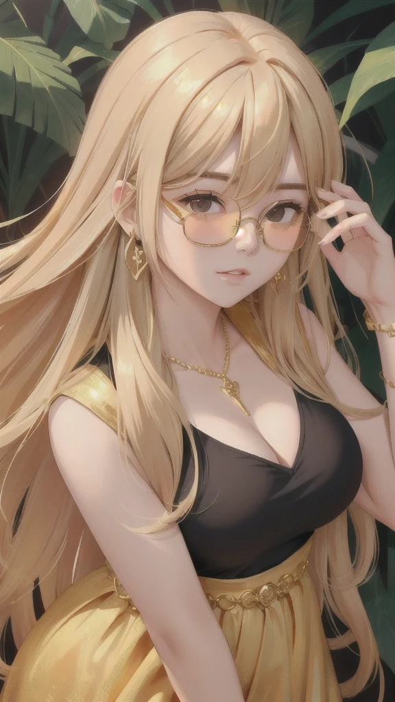 a pretty girl with glasses and blonde hair wearing gold accessories and a gold dress, 1girl, solo, long hair, tinted eyewear, round eyewear, sunglasses, jewelry, black hair, bangs