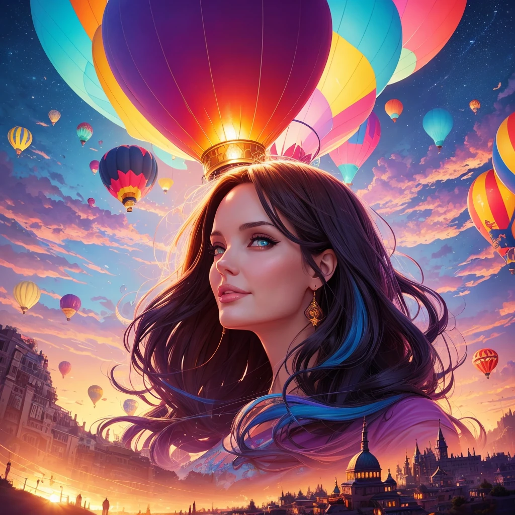 a painting of gigantic woman's head with face of Winona Ryder morphed with Angelina Jolie with colorful hair in a shape of tree and lianas, a neck growing out of the ground, dalightful smile, a city skyline, hot air balloons, flying bulbs and plant trees in the air, beeple and jeremiah ketner, dan mumford tom bagshaw, colorfull digital fantasy art, inspired by Cyril Rolando, inspiring digital art, colorful digital painting, paint splashes, paint driping, gorgeous digital art, beautiful art uhd 4 k, stunning digital illustration, vibrant digital painting, stylized digital art