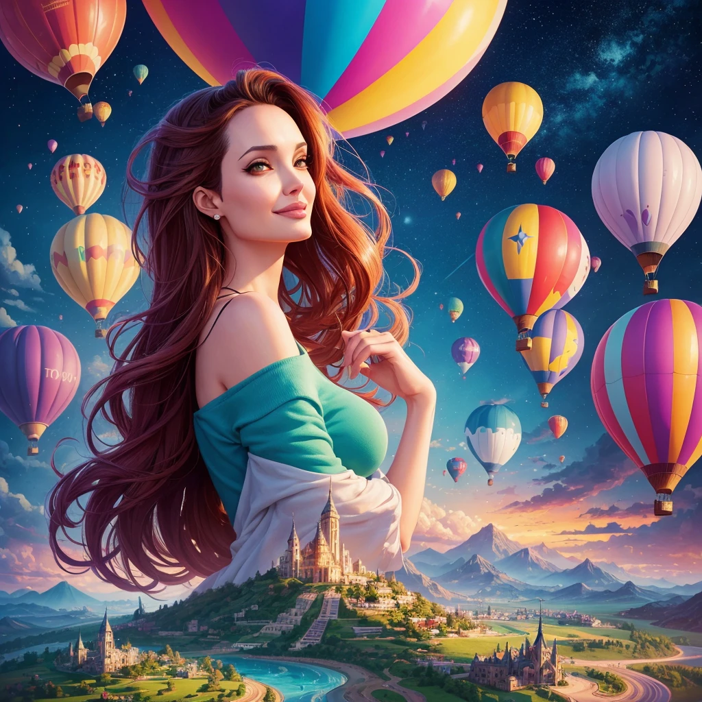 a painting of gigantic woman's head with face of Winona Ryder morphed with Angelina Jolie with colorful hair in a shape of tree and lianas, a neck growing out of the ground, dalightful smile, a city skyline, hot air balloons, flying bulbs and plant trees in the air, beeple and jeremiah ketner, dan mumford tom bagshaw, colorfull digital fantasy art, inspired by Cyril Rolando, inspiring digital art, colorful digital painting, paint splashes, paint driping, gorgeous digital art, beautiful art uhd 4 k, stunning digital illustration, vibrant digital painting, stylized digital art