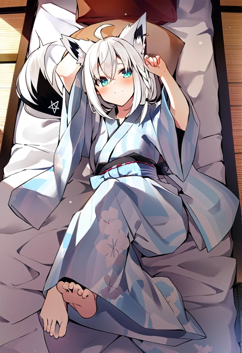 one girl, Shirakami Fubuki, fox ears, white hair, yukata, lying on futon, from above, shy, look at me, love me