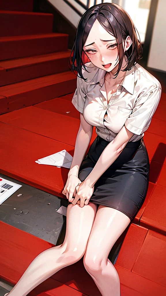 Stairs in the background,masterpiece,Highest quality,High resolution,Anatomically correct,business suit,Short Sleeve Button Down Shirt,Pencil Skirt,Sweat,barefoot,Glowing Skin,blush,Ahegao,Forehead,Bob,ID card,vibrator