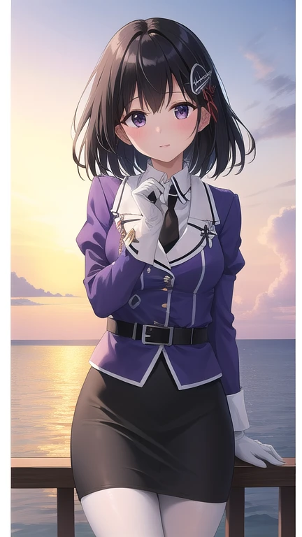 ((masterpiece)),(best quality),official art,extremely detailed CG,unity 8k wallpaper,ultra detailed,A lighthouse on a cliff by the sea,1girl,solo,cowboy shot,white_pantyhose,black_necktie,hair_ornament,short_hair,black_hair,military_uniform,black_eyes,white_gloves,purple jacket,pencil_skirt,black_skirt,brown_eyes,elbow_gloves,