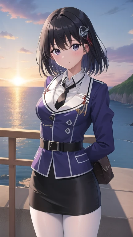 ((masterpiece)),(best quality),official art,extremely detailed CG,unity 8k wallpaper,ultra detailed,A lighthouse on a cliff by the sea,1girl,solo,cowboy shot,white_pantyhose,black_necktie,hair_ornament,short_hair,black_hair,military_uniform,black_eyes,white_gloves,purple jacket,pencil_skirt,black_skirt,brown_eyes,elbow_gloves,