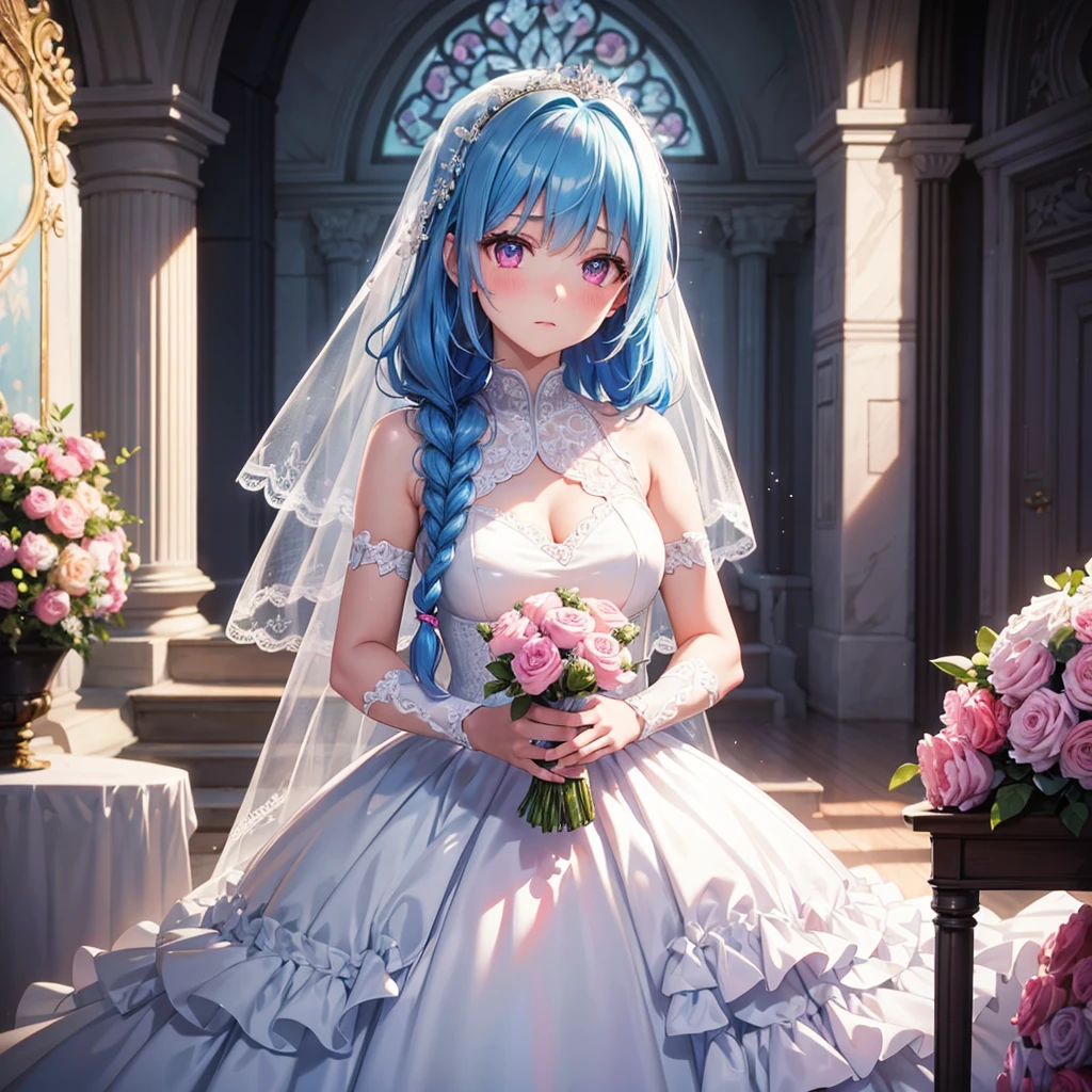 Sky Blue Medium Hair, (Braided Hair),(Pink Eyes),Fair skin ,(whole body),(1 girl),bride,blush,Straight bangs, 6月のbride,Wedding dress,(masterpiece, Highest quality, Very detailed, Best Shadow), (Detailed Background), (Beautifully detailed face), High Contrast, (Best lighting, Very delicate and beautiful), ((Cinematic Light)), colorful, Hyper Detail, Dramatic Light, Intricate details,Wedding hall,