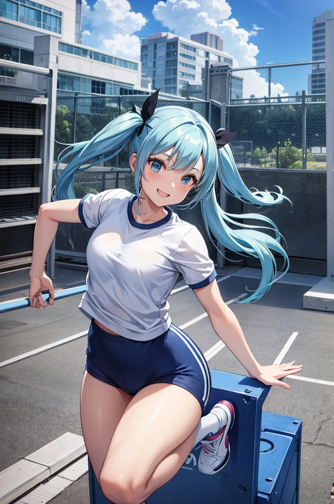 A beautiful girl with long light blue hair and twin tails, wearing gym clothes, is jumping on a vaulting box. Bright smile