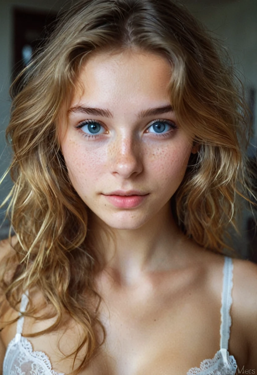 Mirror selfie , a 19 year old gorgeous girl , slight smile , detailed skin face and eyes , natural lighting , at home , long hair, messy hair, see through lace bra, cleavage, film grain, low contrast, natural face , freckles , dark blonde hair , dark blue eyes, dark circles under eyes, sexy, nipples visible,
