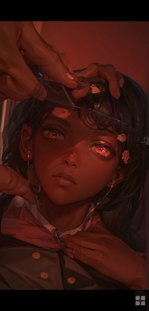 a black male boy, around 24 putting on eyes glass an BLINKS in a rad room looking open making call opened his mount