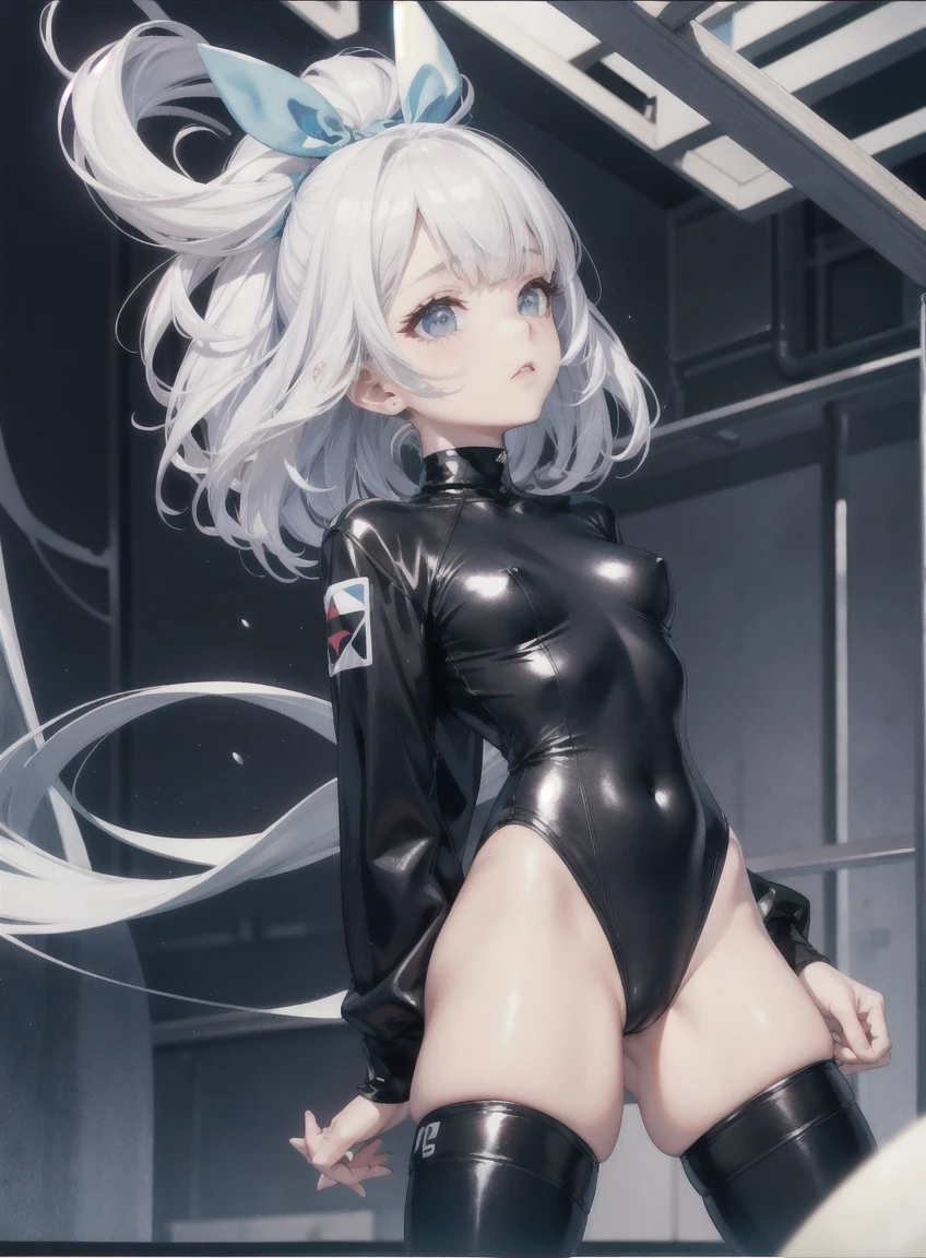White hair girl, face with a calm expression looking up, vestimentas : black swimsuit, black thigh high socks.