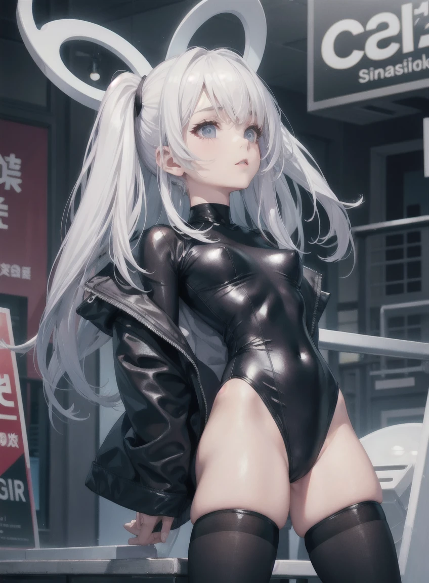 White hair girl, face with a calm expression looking up, vestimentas : black swimsuit, black thigh high socks.
