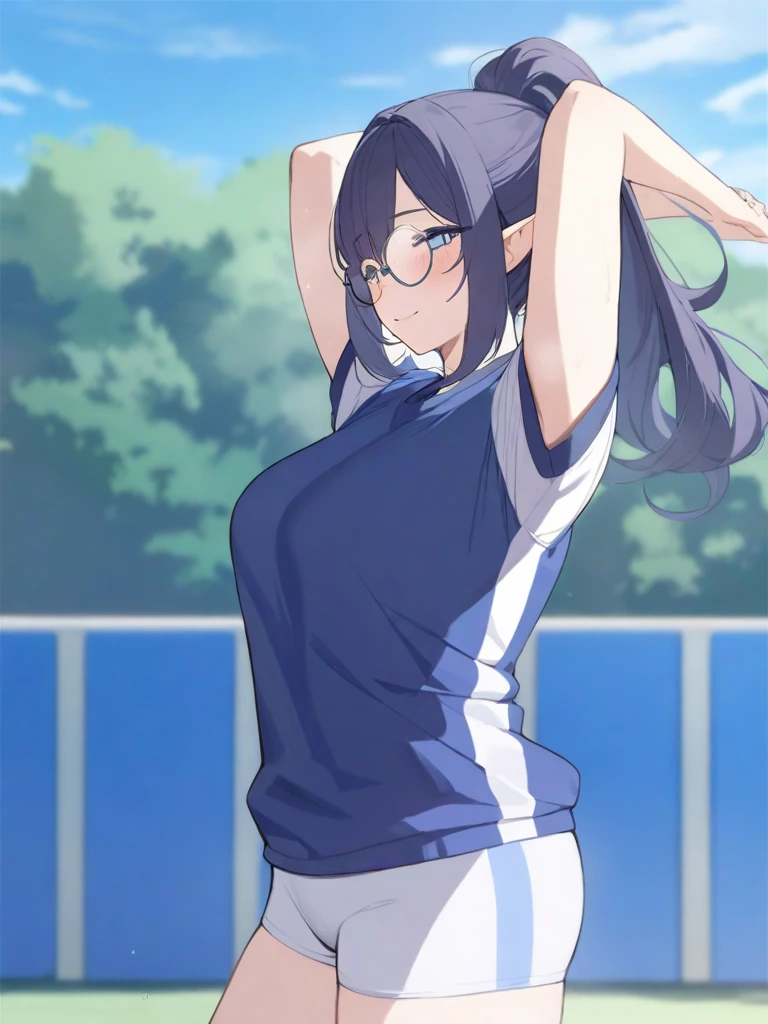 masterpiece, best quality, high quality, beautiful anime character, solo, anime girl with dark blue hair, messy hair, medium length hair, huge long ponytail, ponytail, blue eyes, elf ears, slightly big breasts, mature female, tall female, big girl, thick, (calming face, blush, light smile, loving eyes), outdoors, ((gym clothes)), standing, slim thick, short medium hair, short sleeves, round glasses, legs, stretching, 