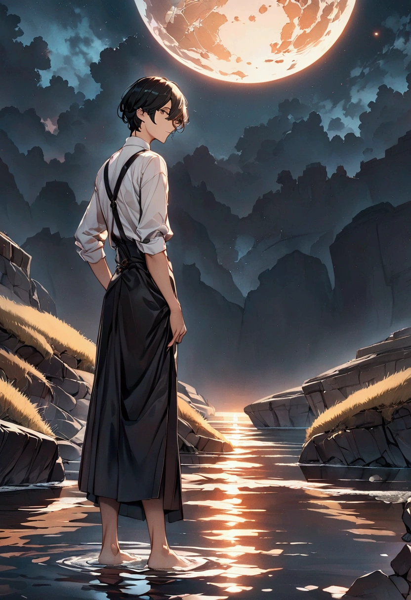 "black hair, Surrealism, 8k, super detail, UHD, masterpiece, accurate, anatomically correct, textured skin, super detail, high details, high quality, award winning, best quality, highres, delicate, androgynous, cynical worldview, minimal skin exposure, reflections, contrast
A boy standing in a nighttime setting. He exudes a quiet and alluring aura, with a look of boredom and weariness in his eyes. His expression is languid and detached, giving off an air of disinterest in everything around him. He is wearing a black dress shirt. The environment reflects a cynical worldview with reflections that distort reality, and the overall composition emphasizes the contrast between light and shadow, order and chaos, and beauty and decay."コンセプトアート、レンズフレア