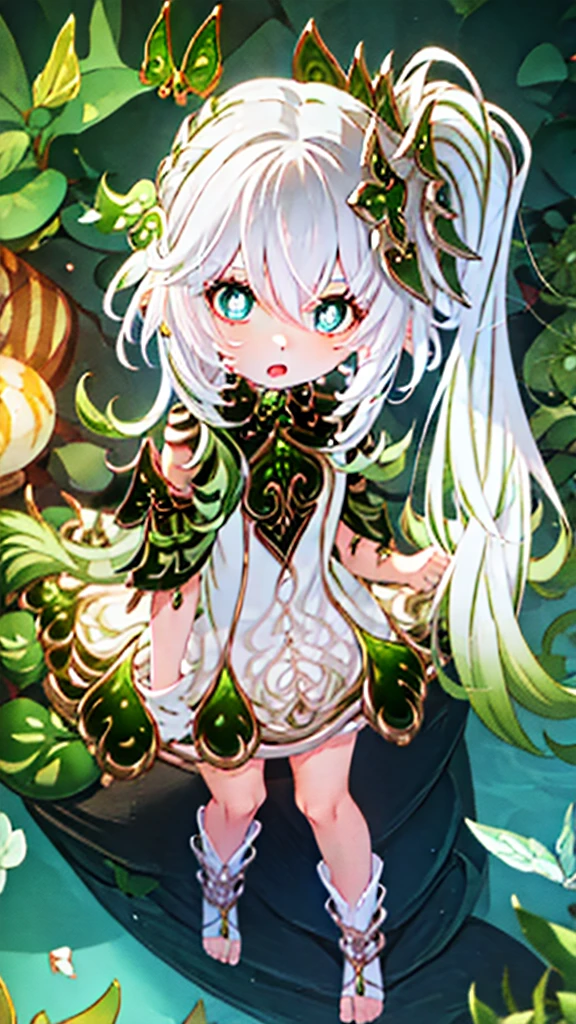 1girl, white hair, green eyes, from below, looking down, pussy, scared