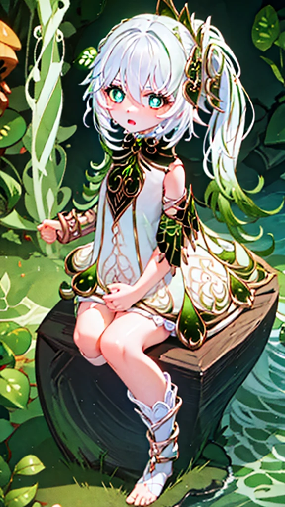 1girl, white hair, green eyes, from below, looking down, pussy, scared