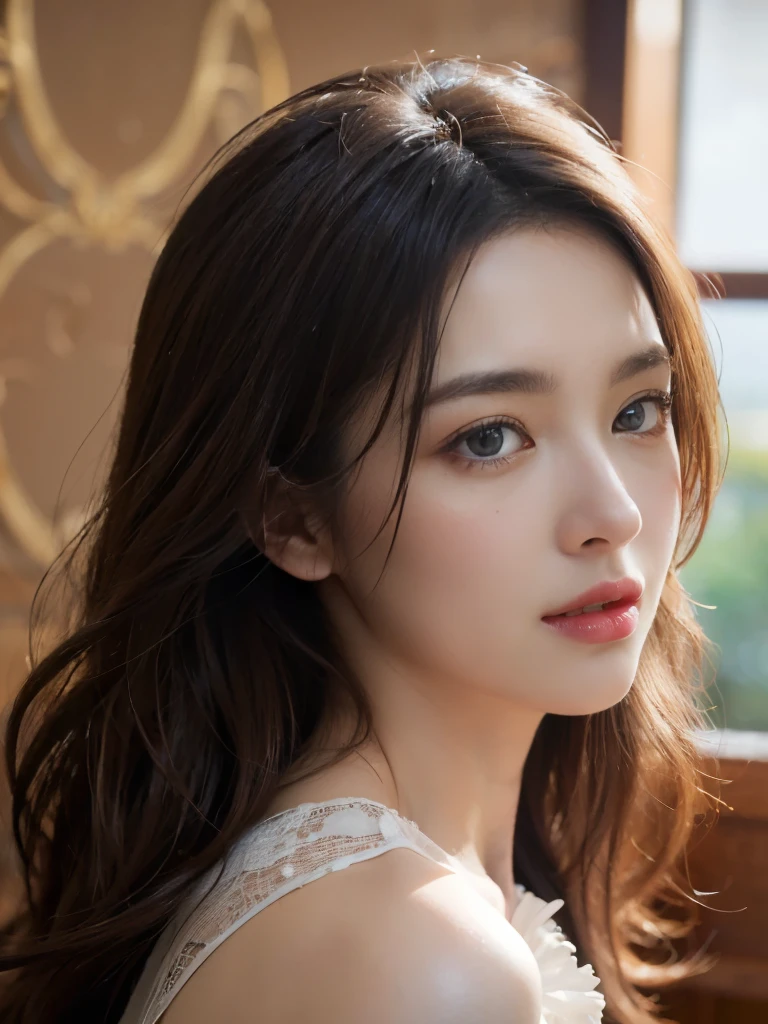 ((((best quality))))、(((Ultra-precision CG16K wallpaper)))、(((masterpiece)))、(((very detailed)))、(((super extreme detail)))、1people'girlature woman、24-year-old female、((japanese face))、((very beautiful face))、((My Shiraishi:1.5))、((semi long straight hair:1.3、blunt bangs))、(shiny brown hair)、beautiful and delicate eyes、brown eyes、raised an eyebrow、high nose、small nostrils、small mouth、seductive lips、beautiful breasts、((C cup size breasts))、split、plump body、(chubby body type)、perfect proportions、complete anatomy、perfect composition、Beautiful detail shading、beautiful natural light、Light with beautiful details、Depth of recorded boundary、(((high saturation)))、(((really:1.9)))、((vivid:1.5))、((edge:1.6))、((beautiful skin))、((skin texture))、((reallyな皮膚感))、(((cowboy shot、femur:1.5)))、((overhead view:1.8))、((Open mouth and surprised face:1.4))、(eyes looking at me:1.5)、day bedroom、bright sunshine、natural light、(((Lie down on your back in bed:1.6)))、(Supine posture:1.5)、(((open front shirt_white clothes、panties_white clothes:1.6)))、((earring、wearing a necklace:1.3))、