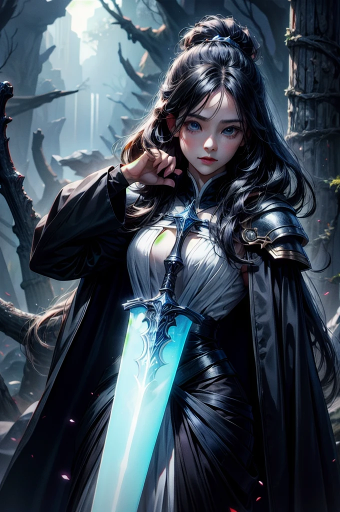 (absurdres, highres, ultra detailed), clean detailed anime art, 1woman, black blue toned hair, long hair, blue eyes, white skin, witch hunter costume, holding a sword, dark forest, night,
