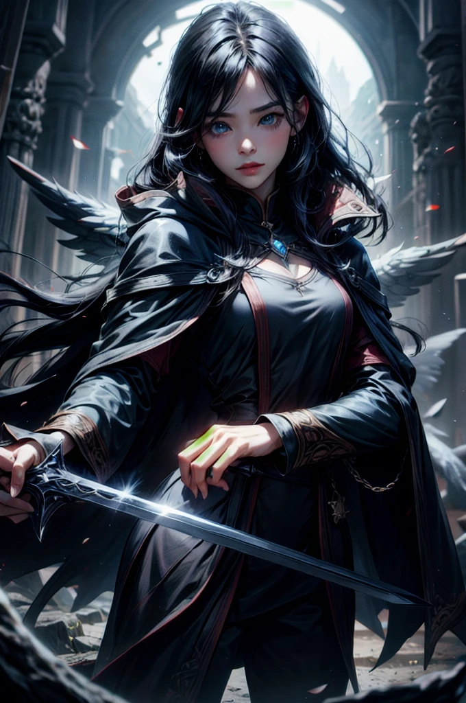 (absurdres, highres, ultra detailed), clean detailed anime art, 1woman, black blue toned hair, long hair, blue eyes, white skin, witch hunter costume, holding a sword, dark forest, night,