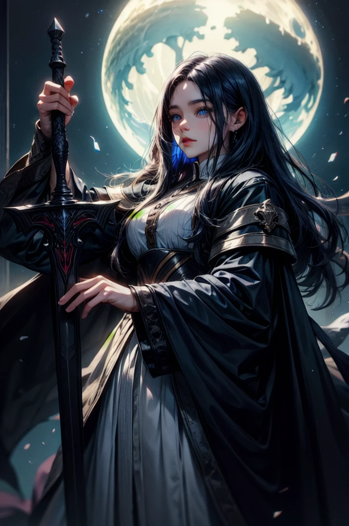 (absurdres, highres, ultra detailed), clean detailed anime art, 1woman, black blue toned hair, long hair, blue eyes, white skin, witch hunter costume, holding a sword, dark forest, night, 