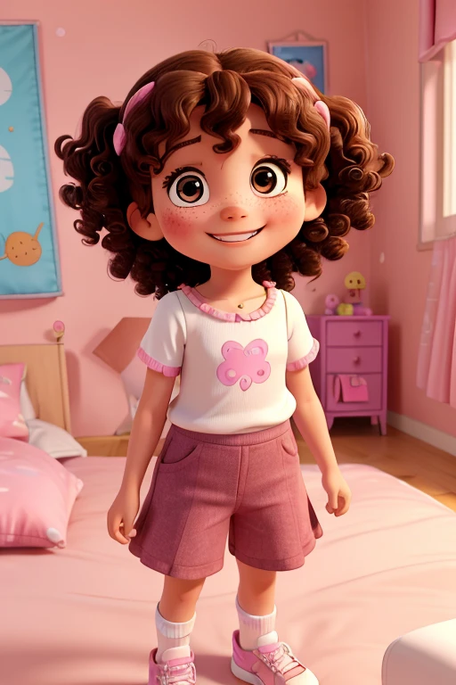 a photo of dodora carinss, a 7 year old girl, happy and smiling, white with freckles, shoulder-length curly brown hair, brown eyes, pink blouse, black pants, white sneakers, lying on her bed to sleep