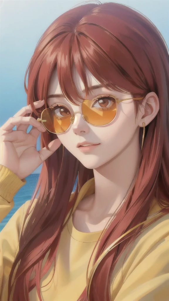 a close up of image of girl with glasses and gold hair and long neck, 1girl, solo, long hair, tinted eyewear, round eyewear, sunglasses, jewelry, red hair, bangs