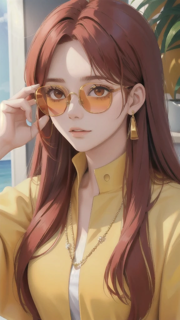 a close up of image of girl with glasses and gold hair and long neck, 1girl, solo, long hair, tinted eyewear, round eyewear, sunglasses, jewelry, red hair, bangs