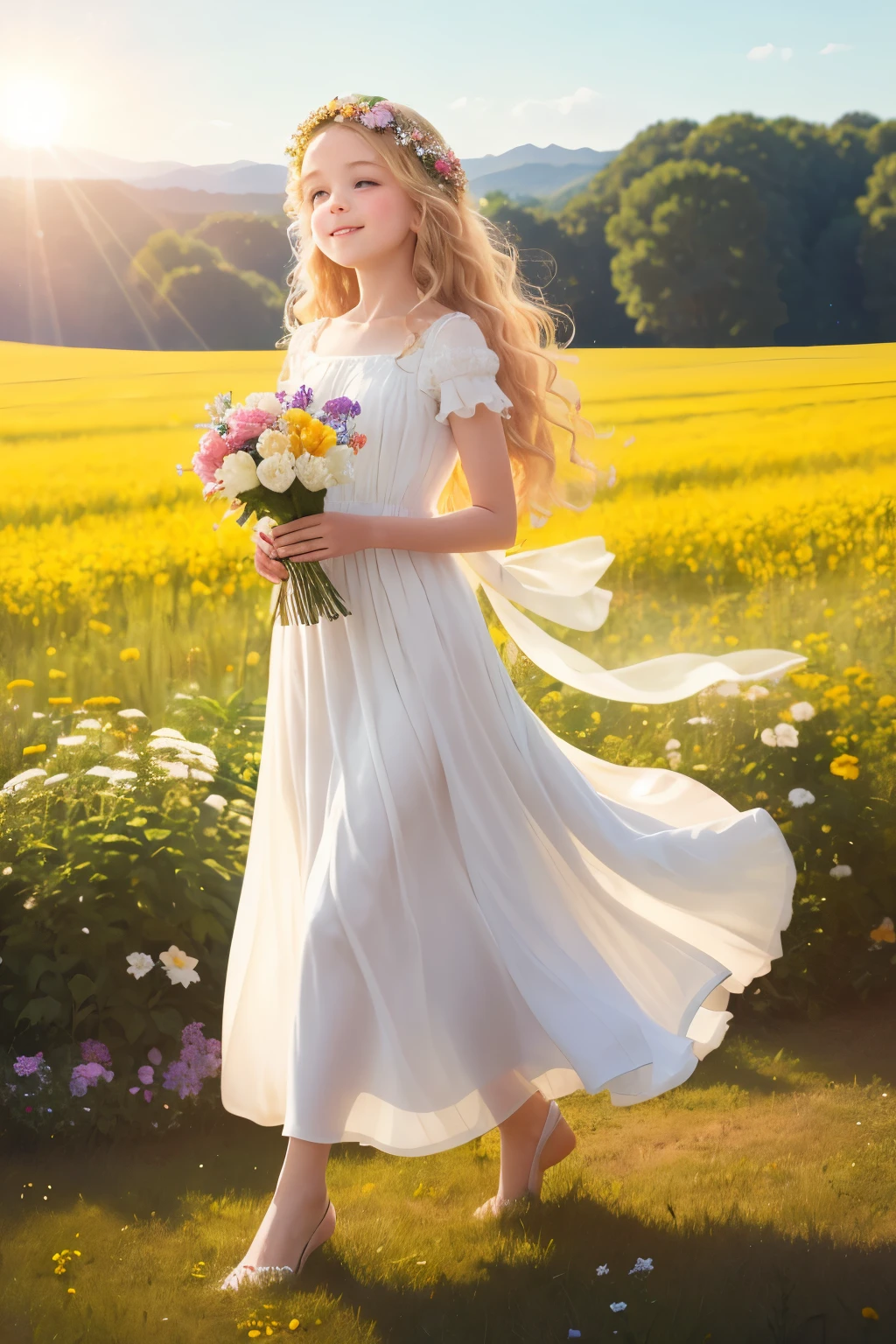 A realistic white marble sculpture of a contemplative woman holding a blooming rose, capturing the delicate fragrance and vibrant colors of the flower, set against a neutral background, subtly illuminated by soft light, 8K, ultra-high definition.

A young girl, around 7 years old, with long, wavy, golden hair gently touching her shoulders, wearing a flowy, pastel-colored dress, carries a small bouquet of vivid, colorful flowers, walking through a beautiful, sunlit meadow, smiling with joy and innocence, Disney-inspired style, image in 8K ultra-high definition.

A detailed, hyper-realistic sculpture