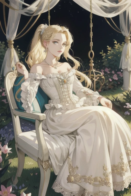 (Ultra-detailed, historically accurate, exquisite fashion, Baroque style)
A 16-year-old aristocratic French girl from the 18th century is tastefully portrayed. She dons a grand gown, intricately designed to reflect the opulence of the era, her blonde hair cascading gracefully over her shoulders. She sits regally on a garden swing, festooned with sparkling diamond earrings and a timeless pearl necklace, all reminiscent of the Genshin Impact animation's ornate details. The background depicts a lush, immaculately maintained French garden, with vibrant flowers and meticulously