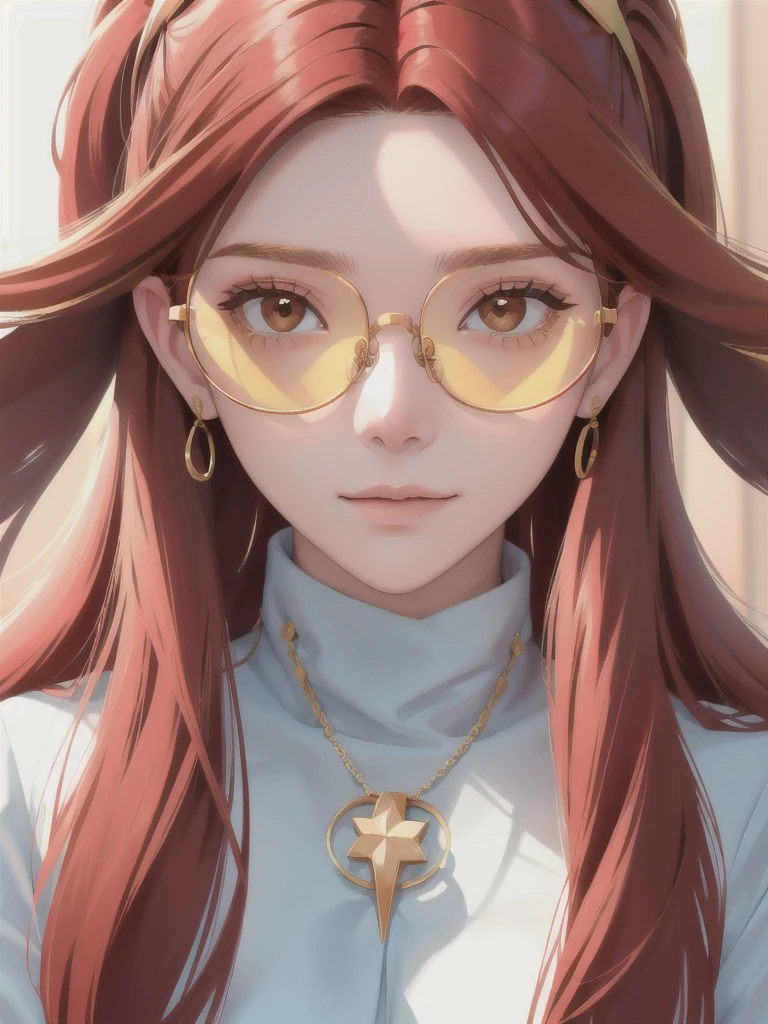 a close up of image of girl with glasses and gold hair and long neck, 1girl, solo, long hair, tinted eyewear, round eyewear, sunglasses, jewelry, red hair, bangs