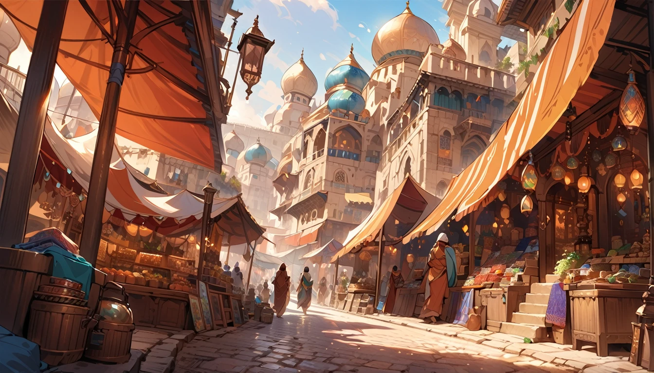 Arabian-style city, illustration, intricate architecture, vibrant market stalls, cobblestone streets, colorful textiles, ornate domes, bustling atmosphere, traditional clothing, warm desert tones, midday sunlight, detailed, fantasy art, 2d.,Highest quality,masterpiece
