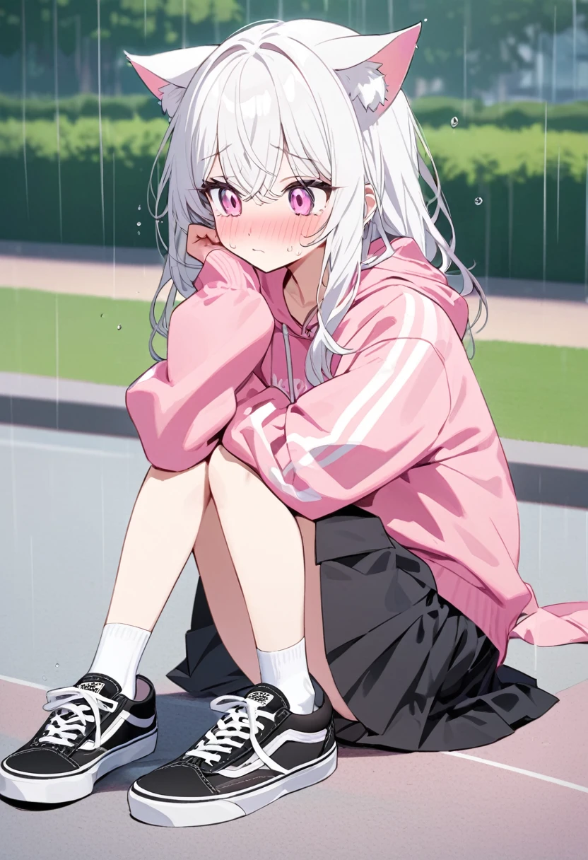 that she is in a park on a rainy day and that she is wet that she has a shy face that she has white hair some cat ears some black glasses pink eyes a super blushing big pink sweatshirt a black skirt some white socks some black Vans tennis shoes and she is a super reserved girl