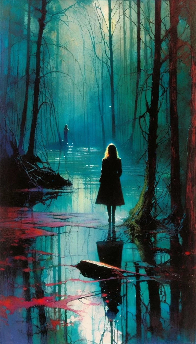 reflections, horror, breakage, sadness, loneliness,(art inspired by Bill Sienkiewicz). oil painting) 