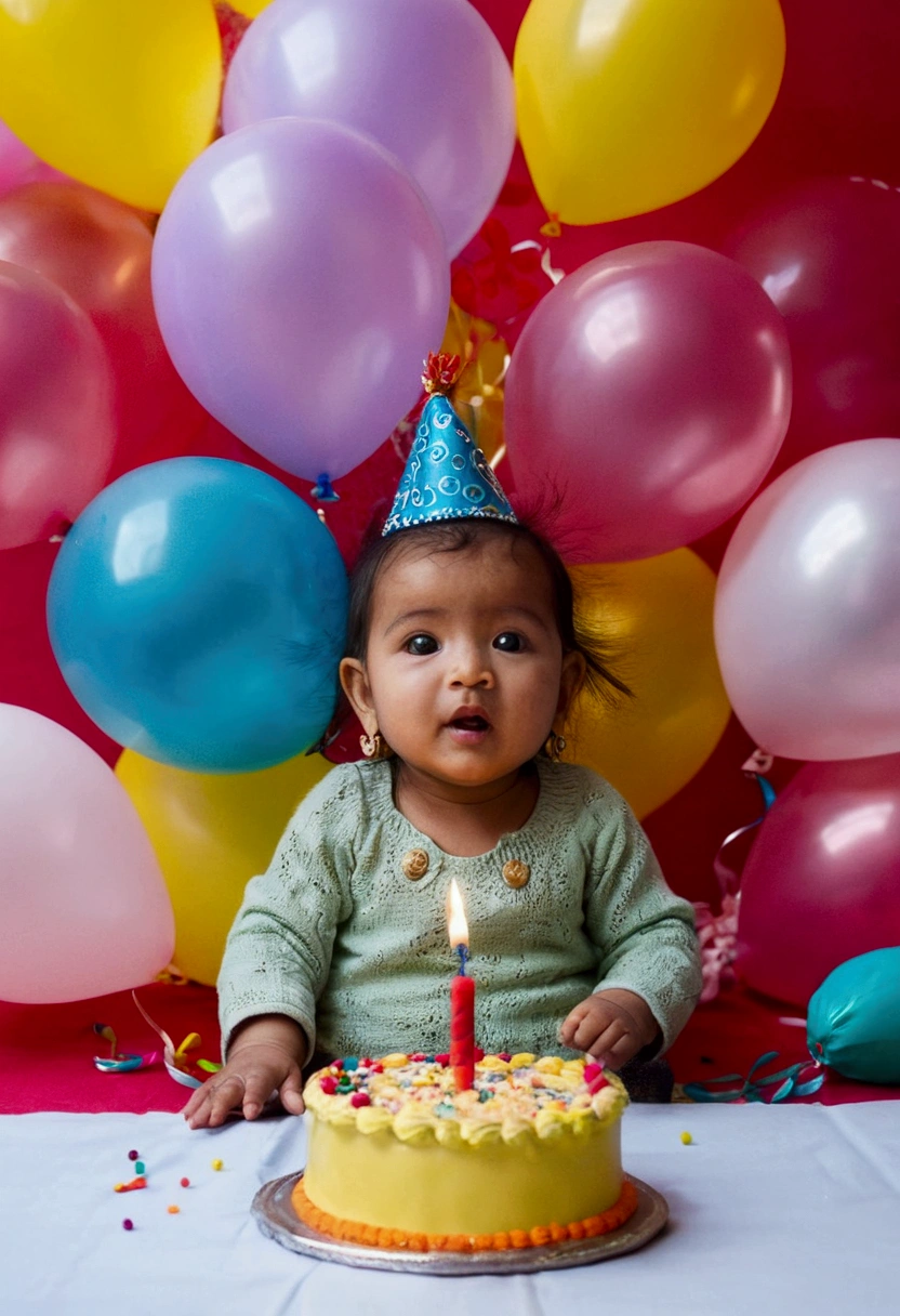 Nepali baby celebrating her birthday with cakes and balloons