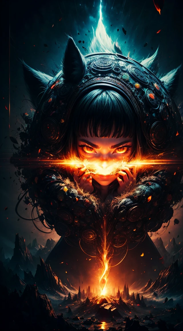 Full body photograph of a girl in lotus position,raw, Shooting, (Be concentrated:1.5), (reality:1.4), dusk lighting, volumetric lighting, ultra high resolution,dramatic lighting, White background,(zentangle,mandala,dispute,Plot), fox demon,Fox mask,bomber jacket, Foxfire Curse, fox family, transformation, depth of field, dream atmosphere, The most beautiful chaos, funny, Dark Brutalist Design Theme., flower of death, Flowers of ecstasy,bright line,Example of glow,Tracking example,flash, Backlight,translucent,light particles, petal girl