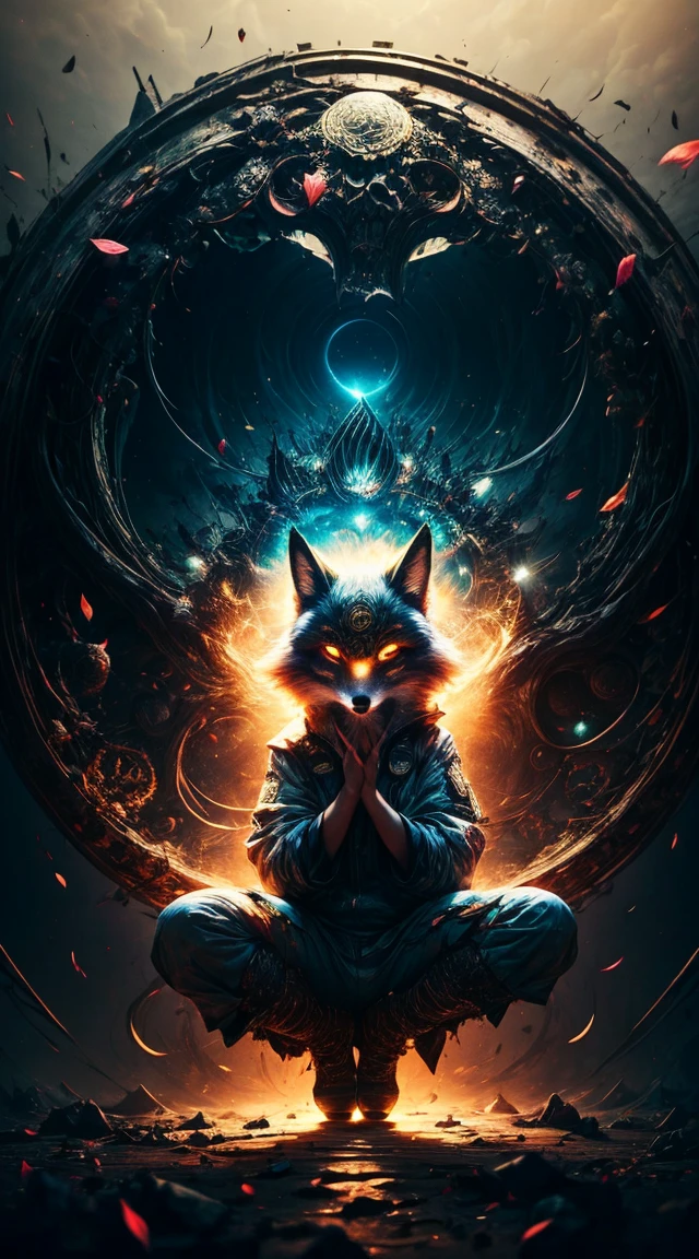 Full body photograph of a girl in lotus position，raw, Shooting, (Be concentrated:1.5), (reality:1.4), dusk lighting, volumetric lighting, ultra high resolution,dramatic lighting, White background,（zentangle，mandala，dispute，Plot), fox demon，Fox mask，bomber jacket, Foxfire Curse, fox family, transformation, depth of field, dream atmosphere, The most beautiful chaos, funny, Dark Brutalist Design Theme., flower of death, Flowers of ecstasy，bright line,Example of glow，Tracking example，flash， Backlight，translucent，light particles, petal girl
